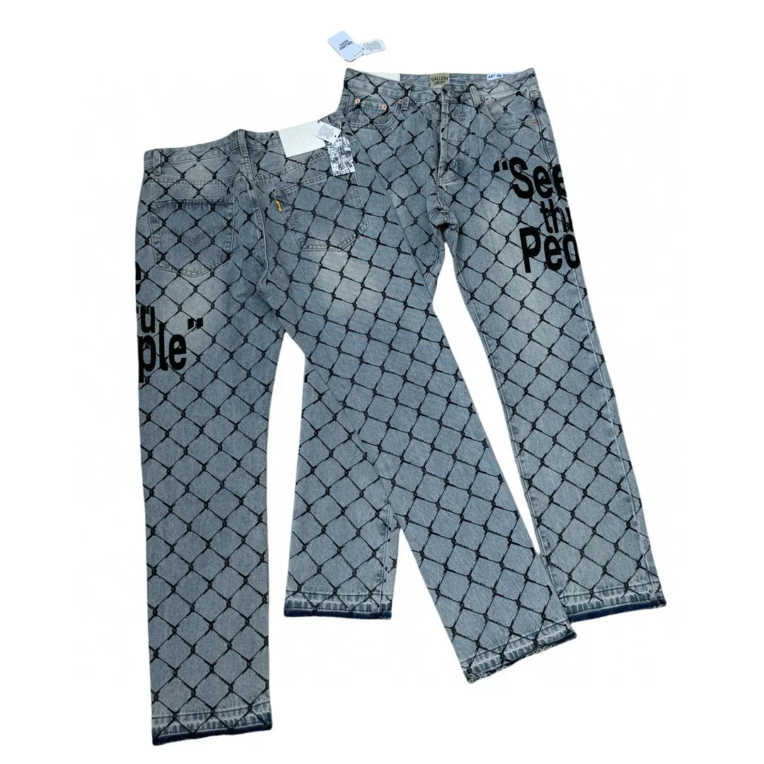 -Size upper body P240#G786 GALLERY DEPT. Steel mesh letter printed slim jeans jeans casual group trendy American slim men's and women's trousers Color: blue Size: S-XXL (corresponding to 28-36)